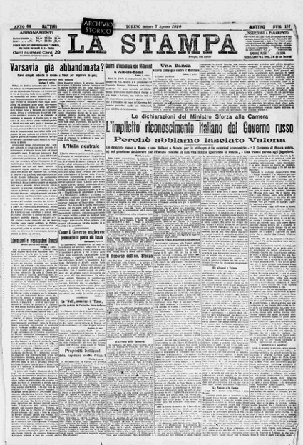 La Stampa del 7 agosto 1920 (Archivio storico)